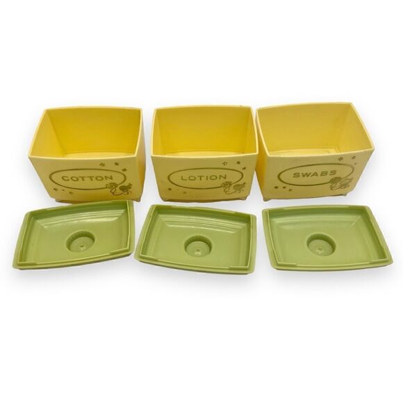 Vintage Baby Nursery Plastic Footed Organizing Jars Pale Yellow Green Lids - Picture 12 of 16